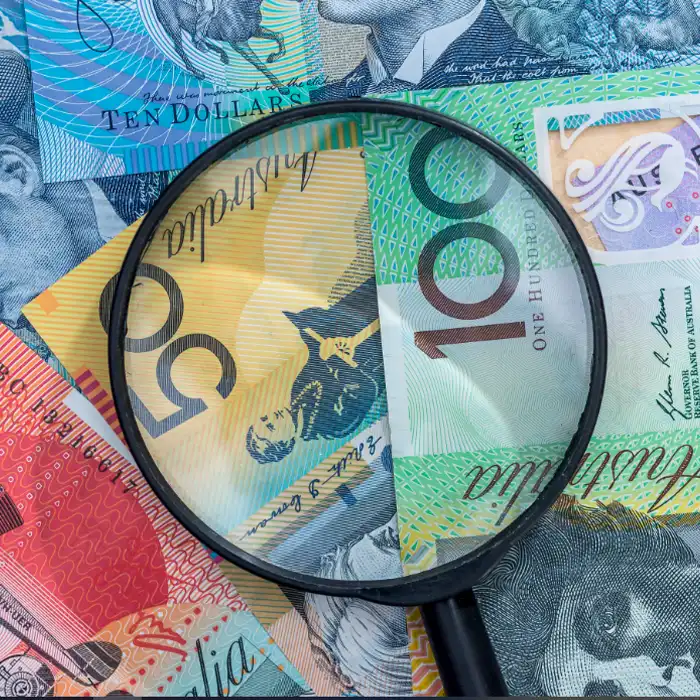  a magnifying glass on a pile of foreign currency australian dollars