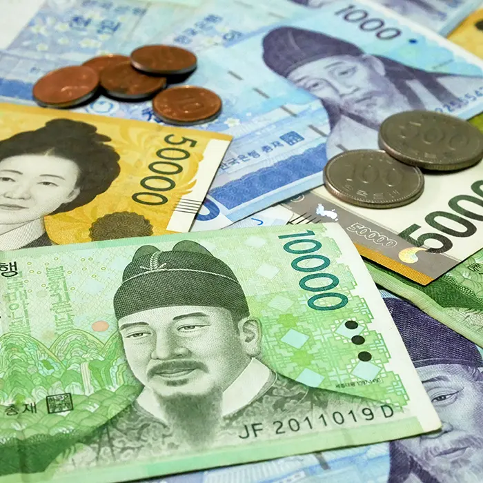 South Korean Won currency notes and coins