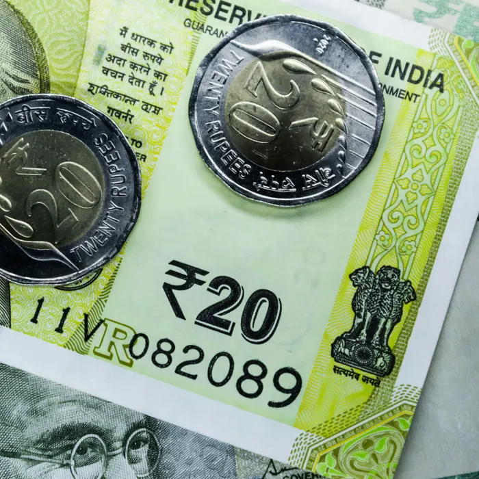 closeuo of indian rupee 20 currency